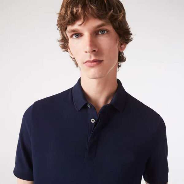 Navy Blue Stretch Cotton Pique Polo Shirt with Concealed Button Placket and Rib