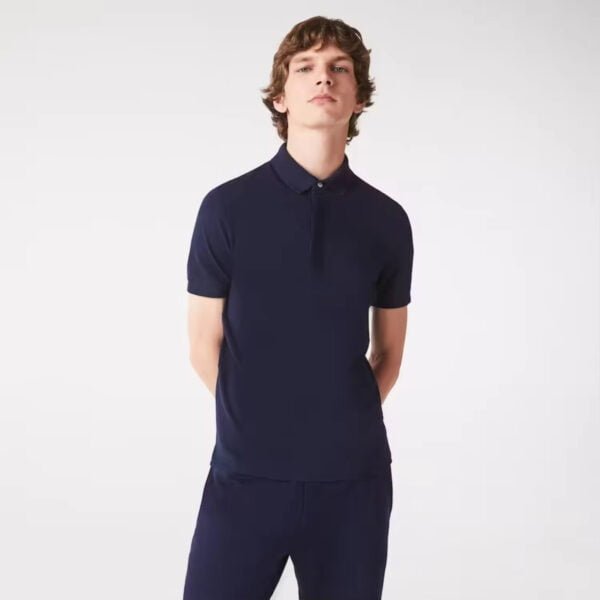 Navy Blue Stretch Cotton Pique Polo Shirt with Concealed Button Placket and Rib