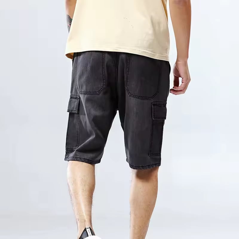 Men's Knee-Length Denim Shorts - Relaxed Fit Baggy Hip-Hop Style, Zip Closure, Blue, Waist Sizes W30-W46